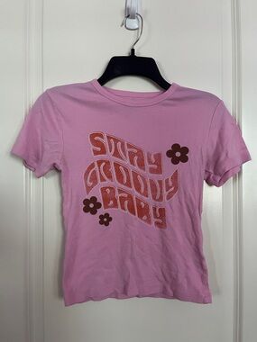 Y2K Pink Baby Tee Sweet Groovy Baby Graphic Retro Fitted T Shirt Size S